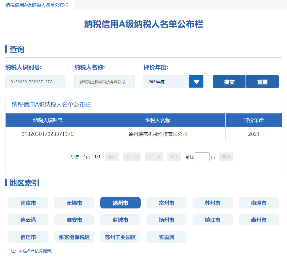 徐州瑞杰机械科技有限公司被评为2021年度纳税信用A级纳税人